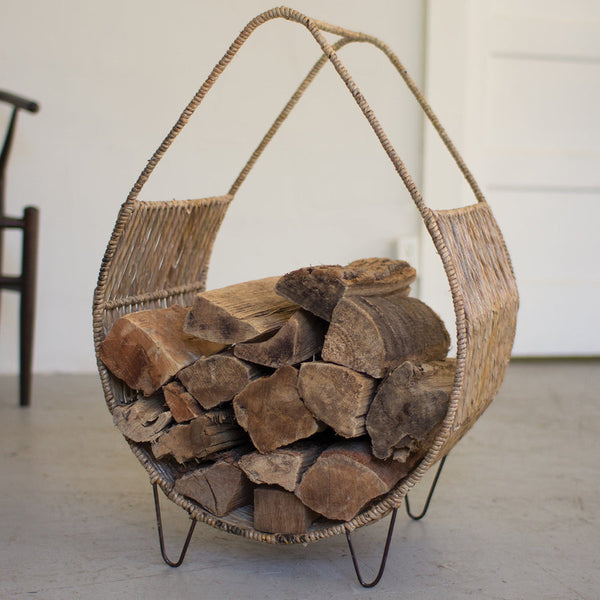 Woven Rush and Metal Firewood Rack with Tall Handle - Chapin Furniture