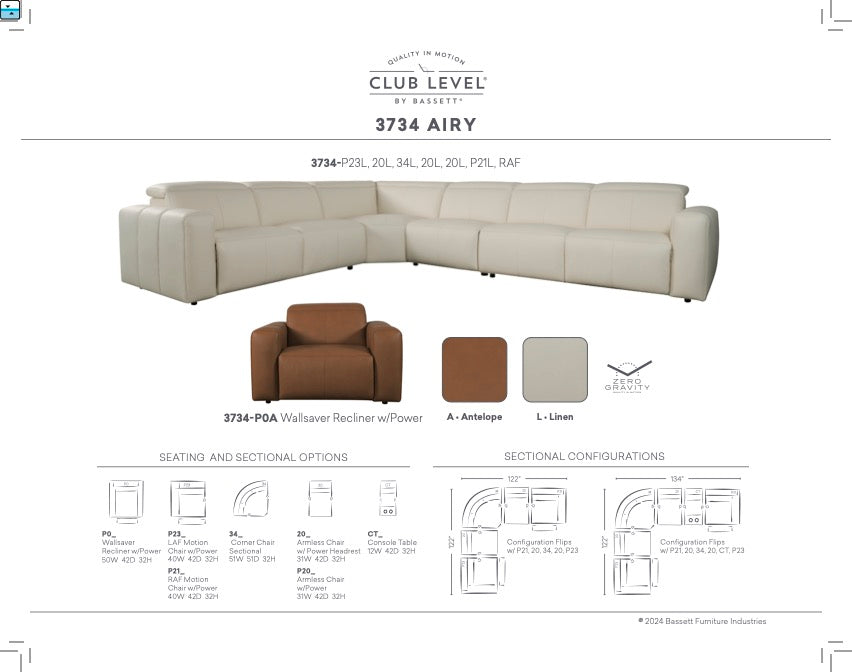 Bassett Club Level Airy Motion Sectional- Antelope Leather - Chapin Furniture