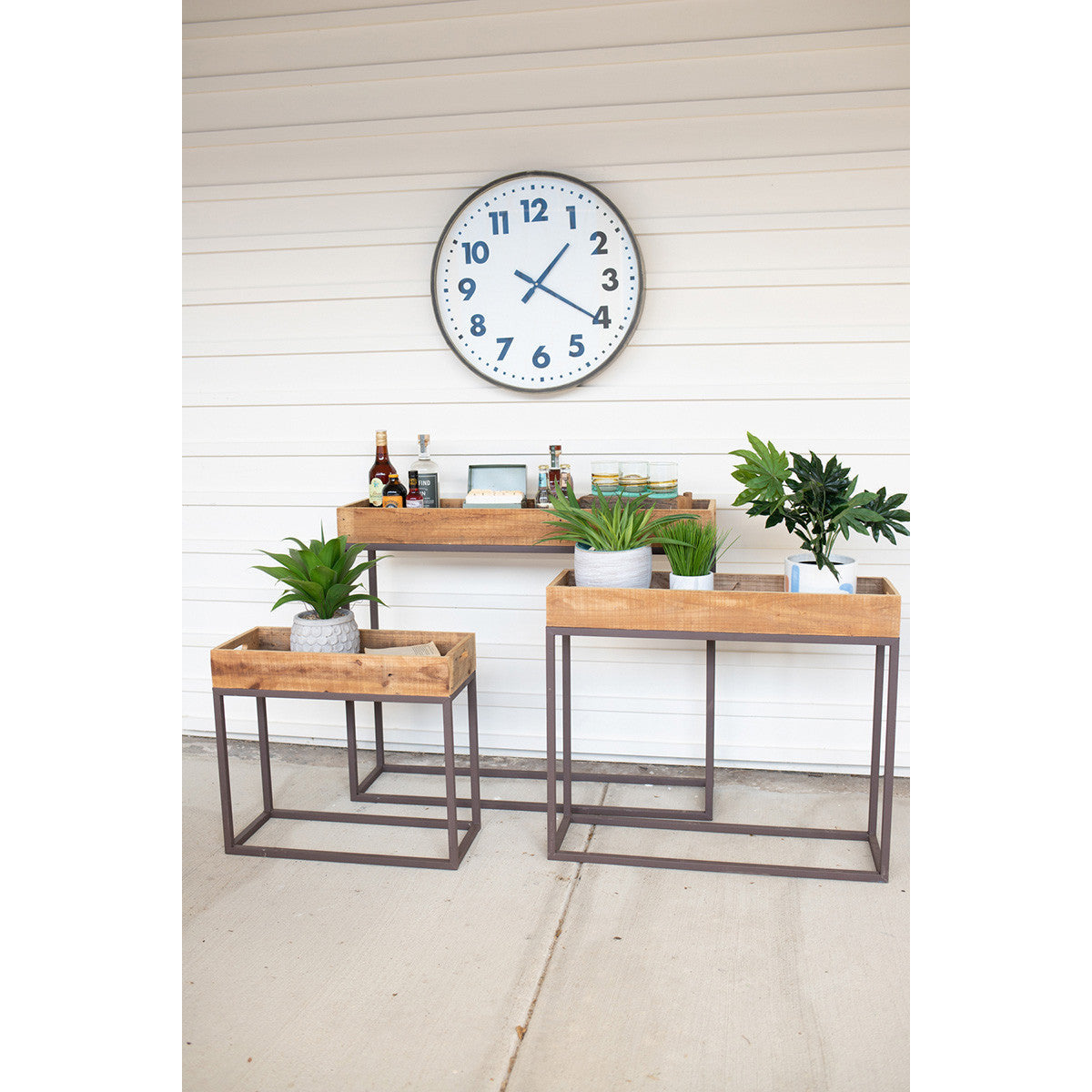 Set of Three Rustic Recycled Wood Console Trays on Metal Bases - Chapin Furniture