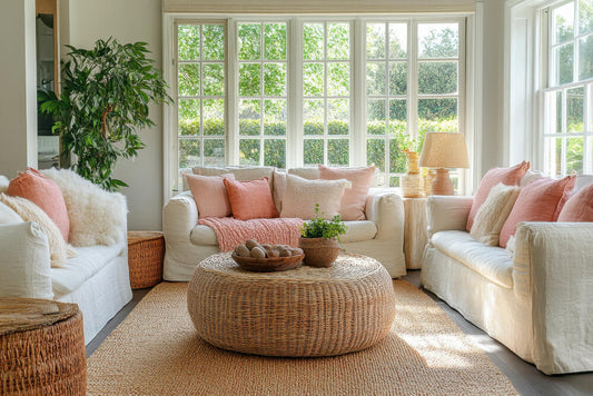 Bright Airy Living Room With White Sofas Pink Pillows Wicker Coffee Table Center Room is Bathed Natural Light Streaming Through Large Windows