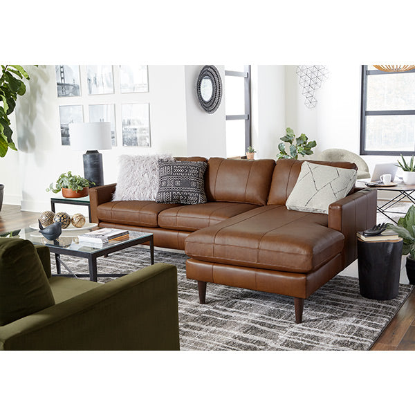A modern brown leather couch in a stylish living room