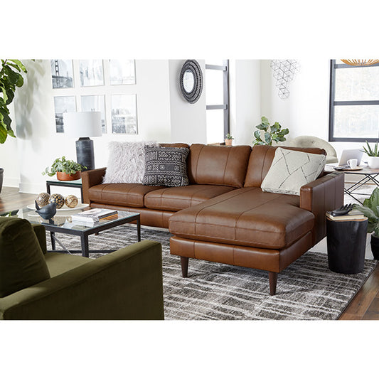 A modern brown leather couch in a stylish living room