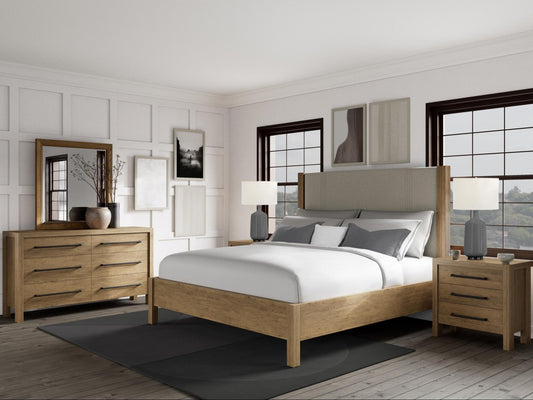 A nightstand, dresser, and bed light wood bedroom set