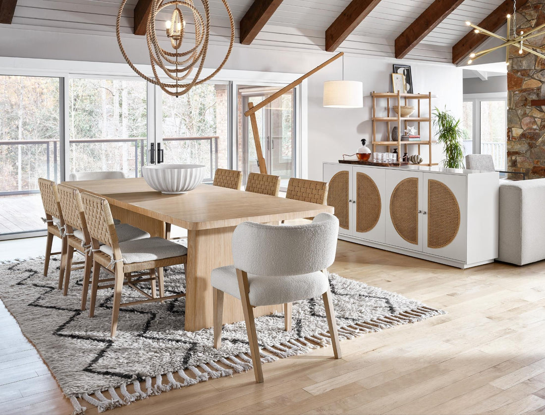 A brown and light gray colored dining room set that is modern and tasteful 