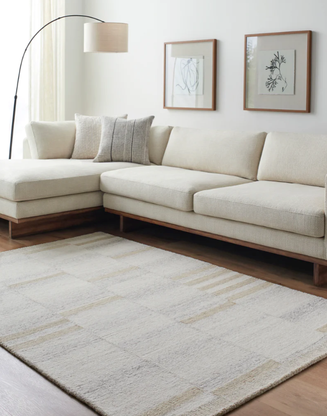 A sofa, pillows, and rug in a living room