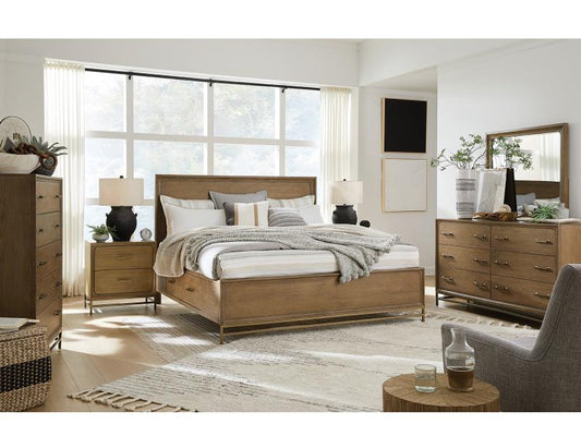 A light brown bedroom set, including a chest, dresser, nightstands, and a bed frame
