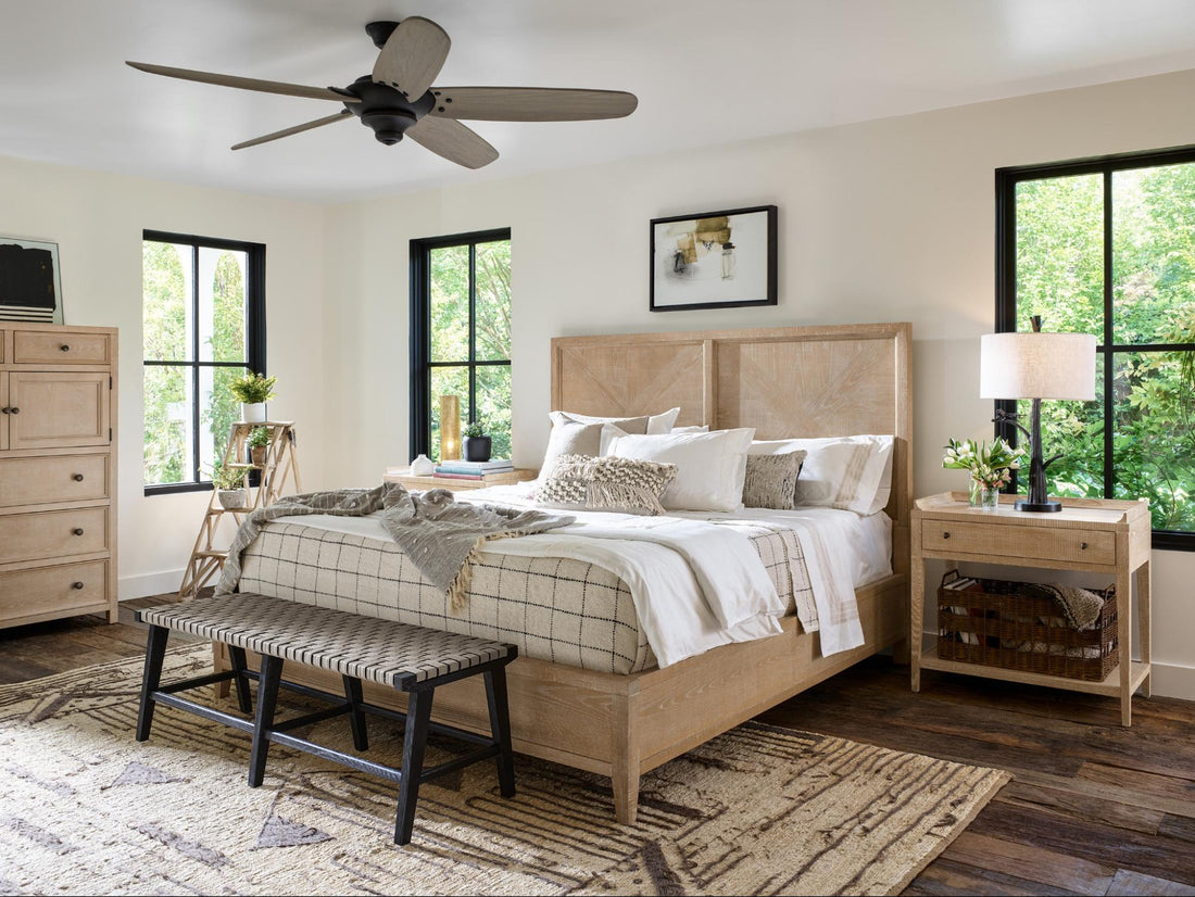 A stylish Farmhouse bedroom set with ample lighting
