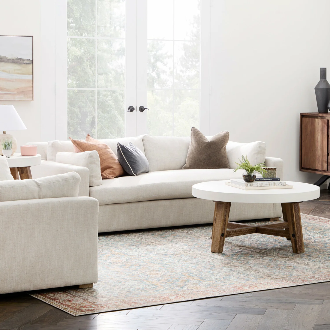 An upholstered linen blend fabric sofa 