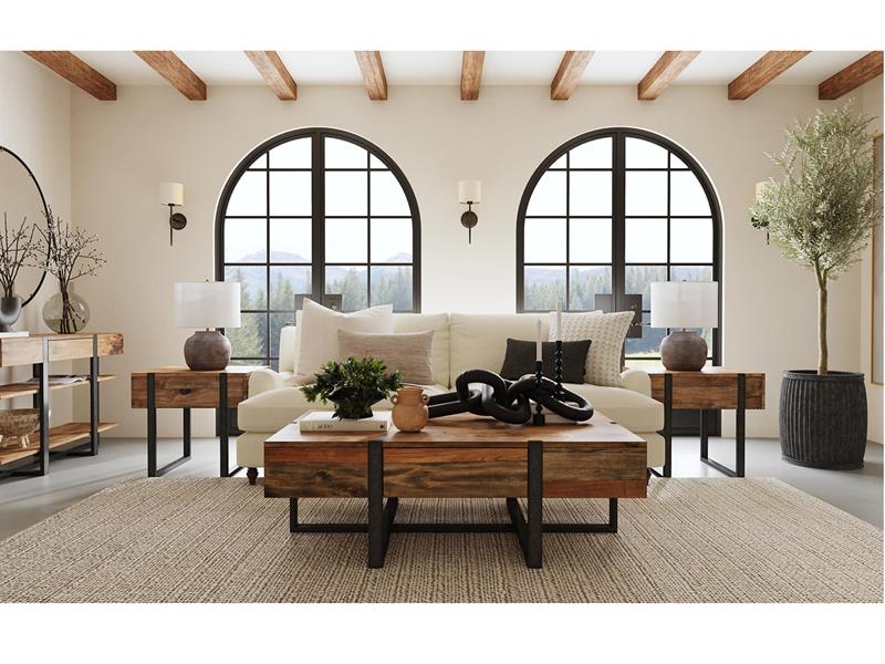 A wooden coffee table and cream couch in a beautifully decorated living room