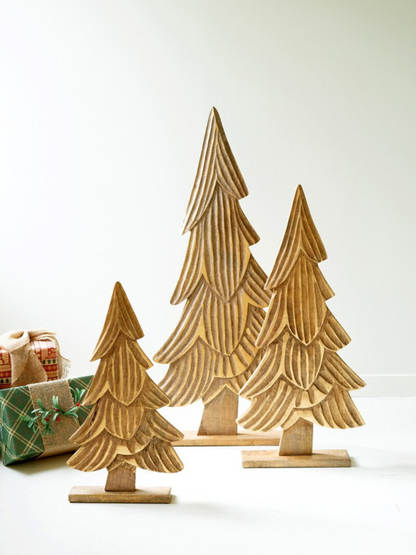Set of 3 Carved Natural Mango Wood Christmas Trees with Gold Detail - Chapin Furniture