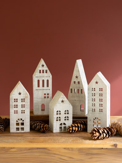 Set of 5 White-Washed Wooden Christmas Village - Chapin Furniture