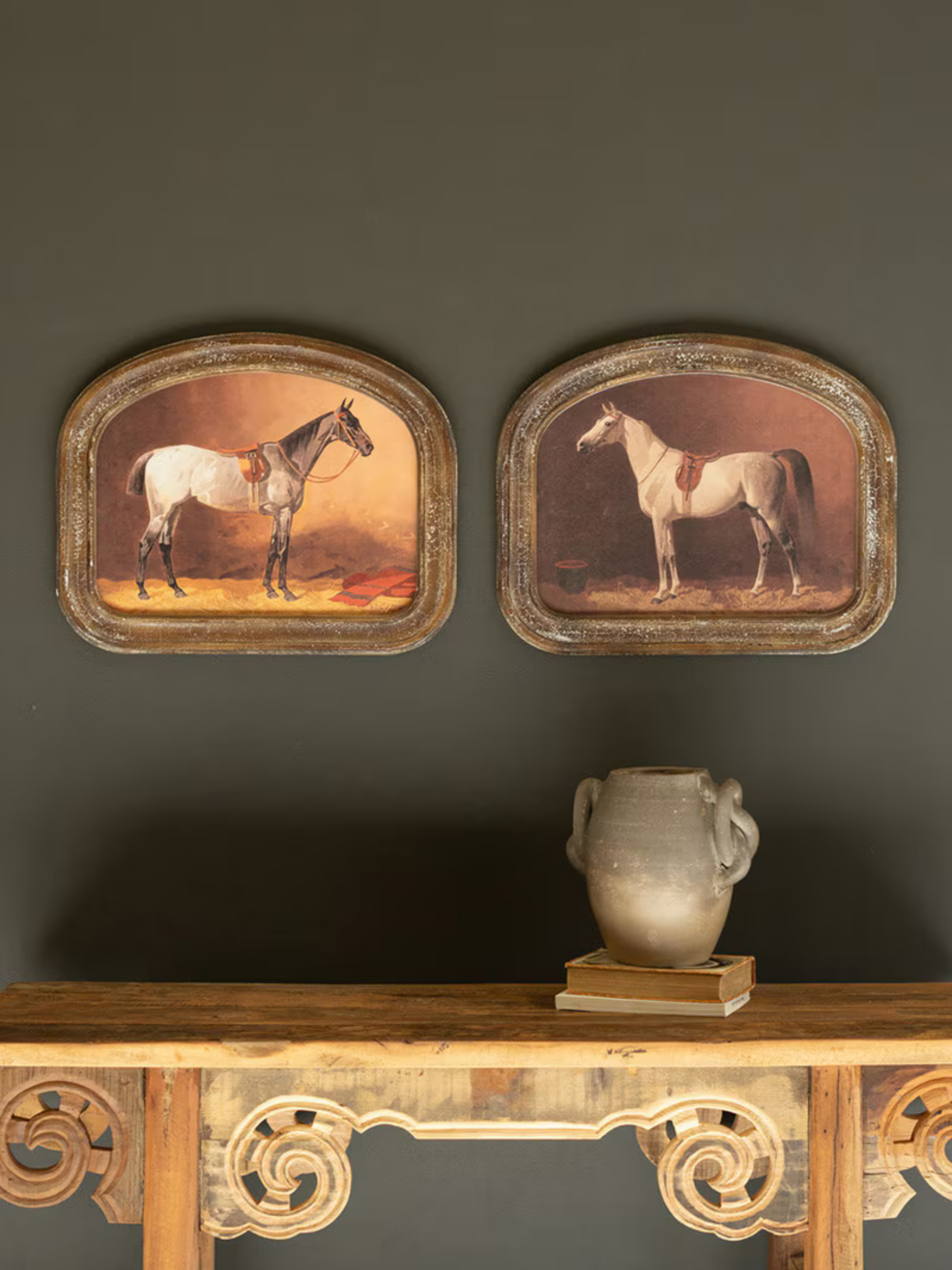Set of 2 Arched Framed Horse Prints under Glass - Chapin Furniture