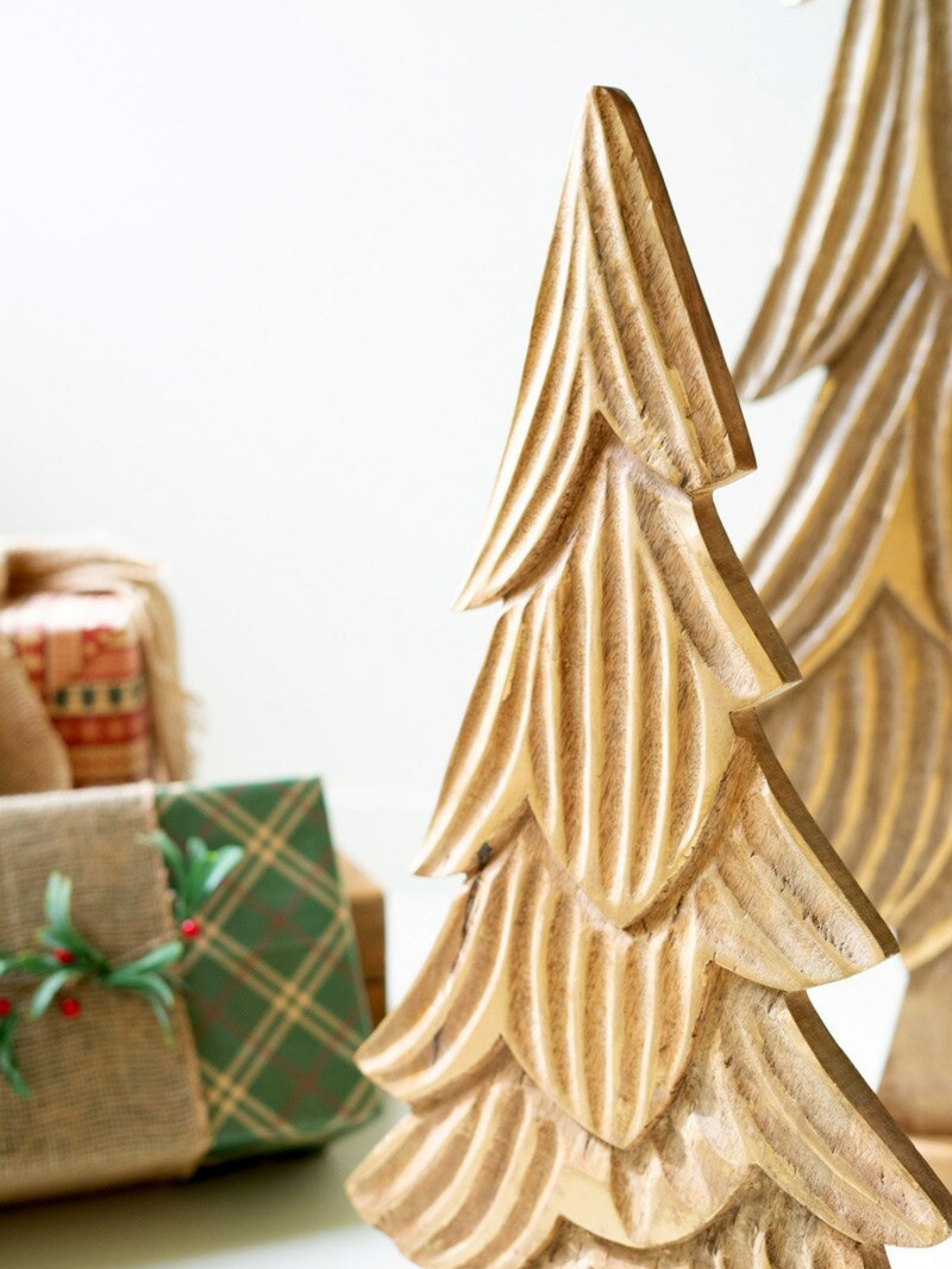 Set of 3 Carved Natural Mango Wood Christmas Trees with Gold Detail - Chapin Furniture