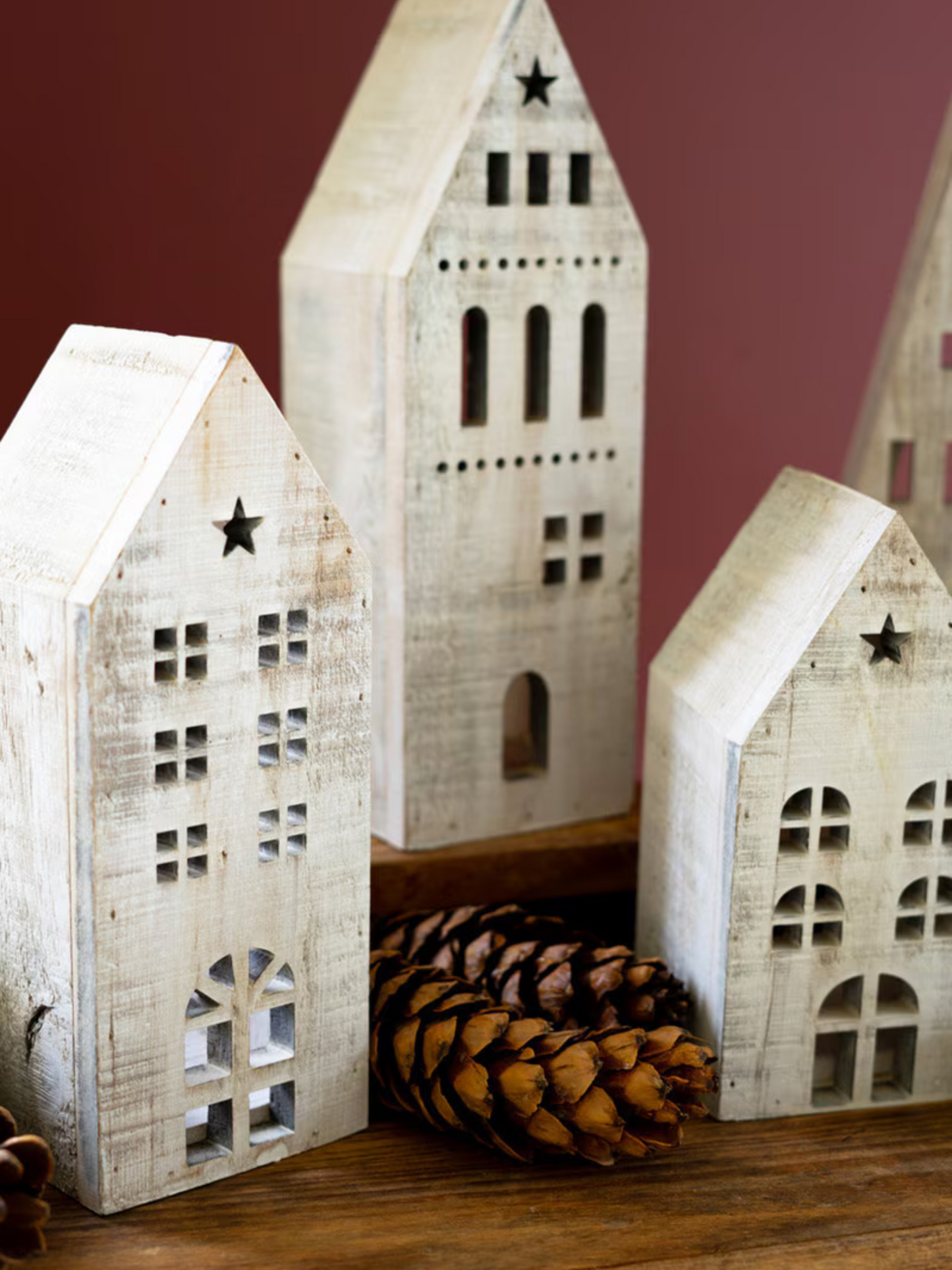 Set of 5 White-Washed Wooden Christmas Village - Chapin Furniture