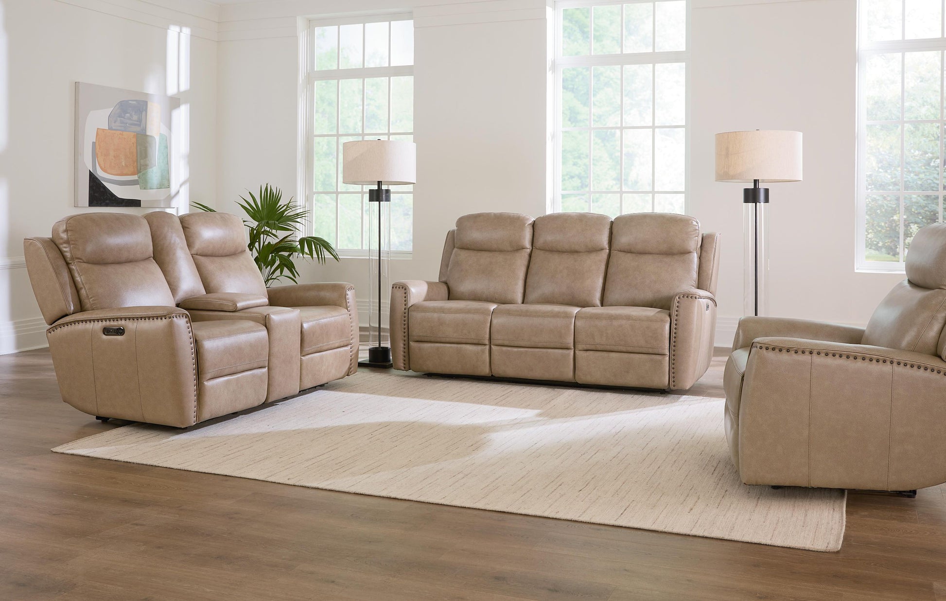 Bassett Club Level Douglas Power Motion Consoled Loveseat in Wheat Leather - Chapin Furniture