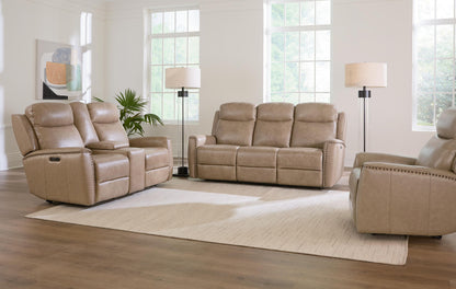 Bassett Club Level Douglas Power Motion Consoled Loveseat in Wheat Leather - Chapin Furniture