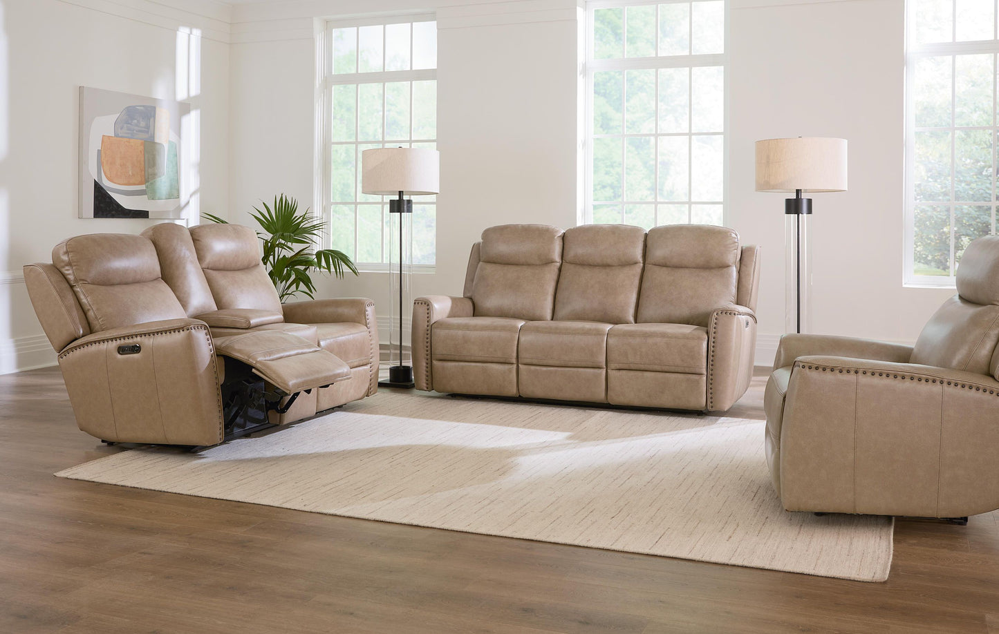 Bassett Club Level Douglas Power Motion Consoled Loveseat in Wheat Leather - Chapin Furniture