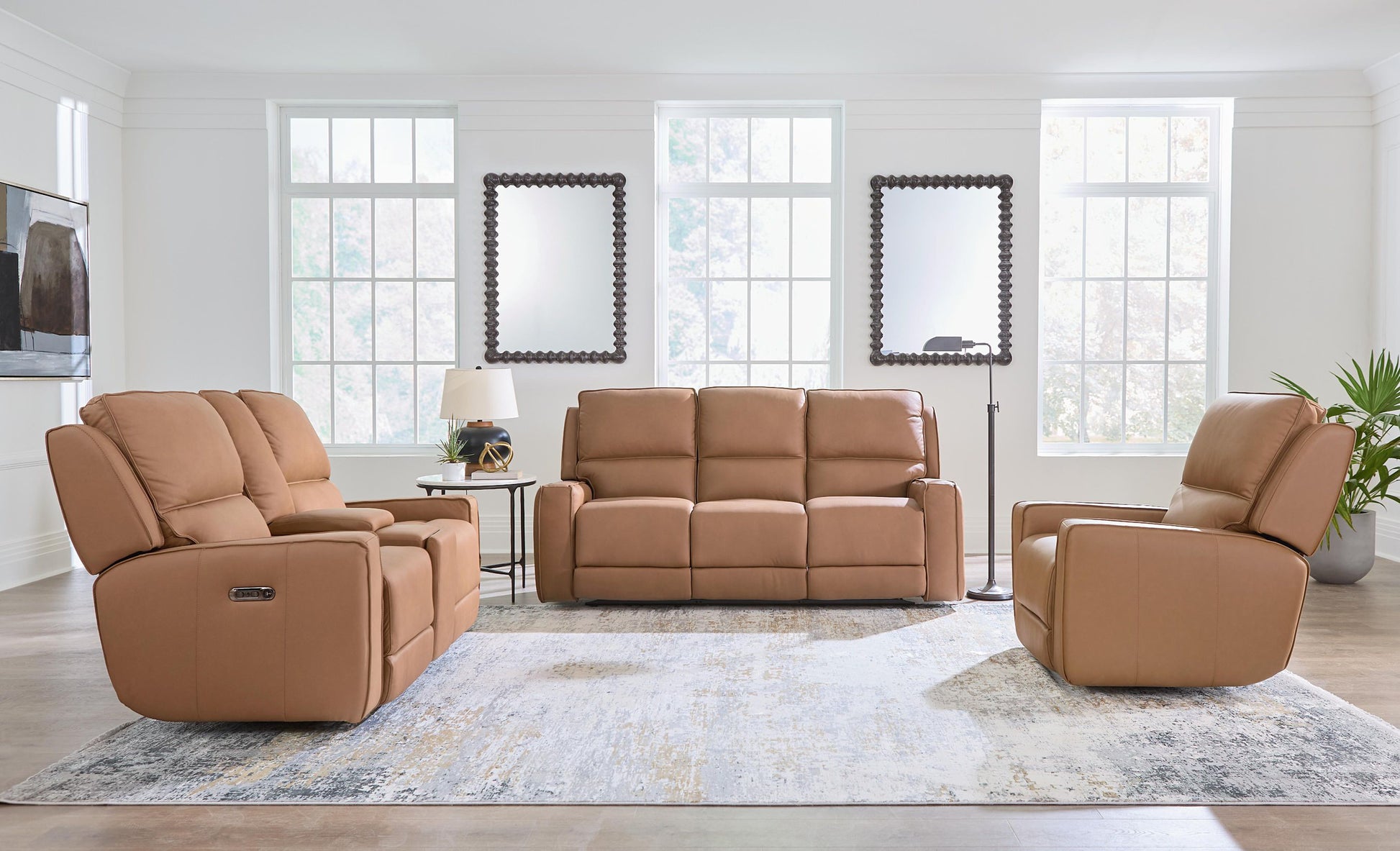 Bassett Club Level Raymond Power Motion Consoled Loveseat in Antelope Leather - Chapin Furniture