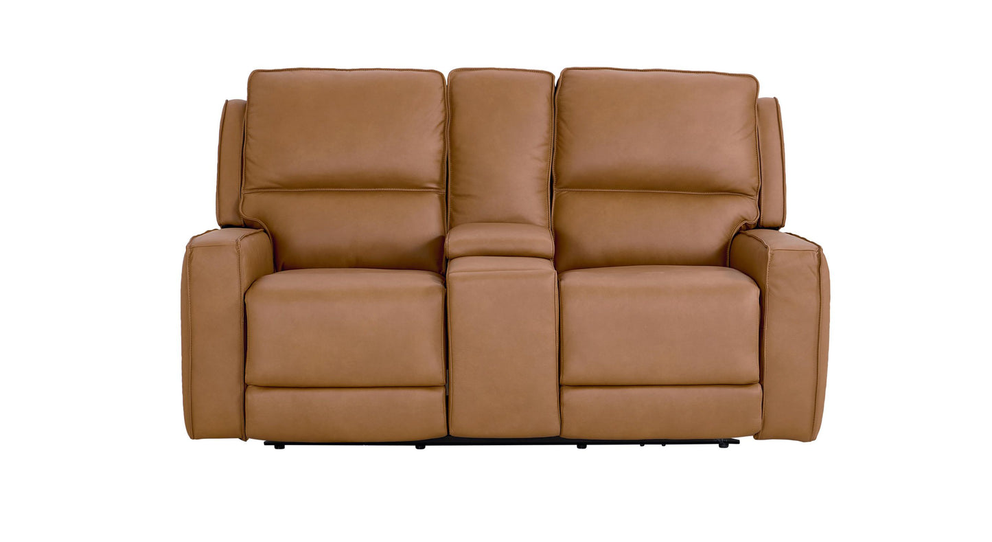 Bassett Club Level Raymond Power Motion Consoled Loveseat in Antelope Leather - Chapin Furniture