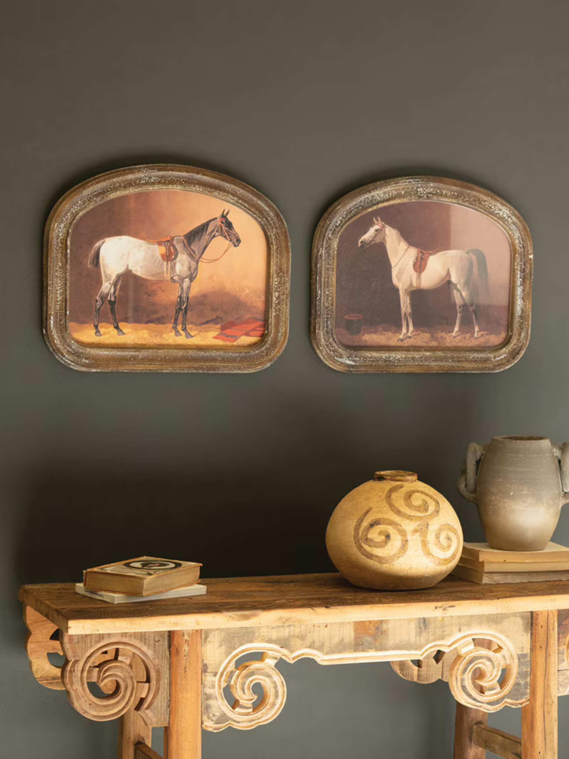 Set of 2 Arched Framed Horse Prints under Glass - Chapin Furniture