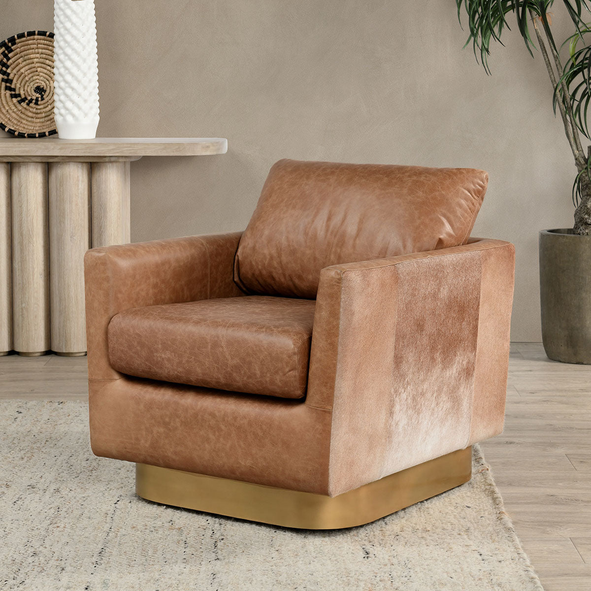 Lathe Leather/Hide Accent Chair Chestnut Brown/Blonde - Chapin Furniture