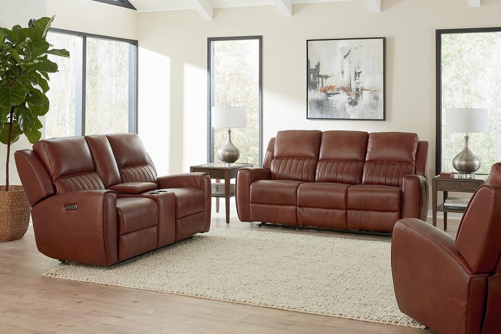 Bassett Club Level Aberdeen Power Motion Consoled Loveseat in Chestnut Leather - Chapin Furniture