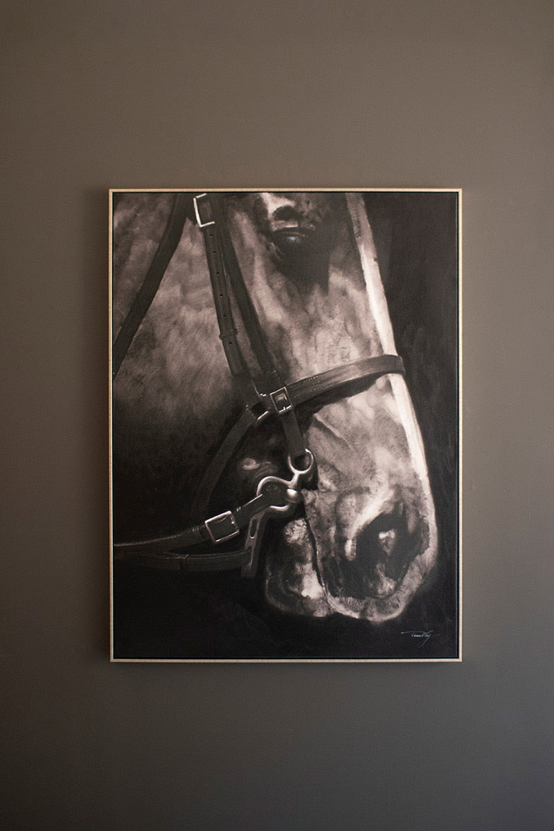 Oil Painting Black and White Horse with Silver Frame - Chapin Furniture