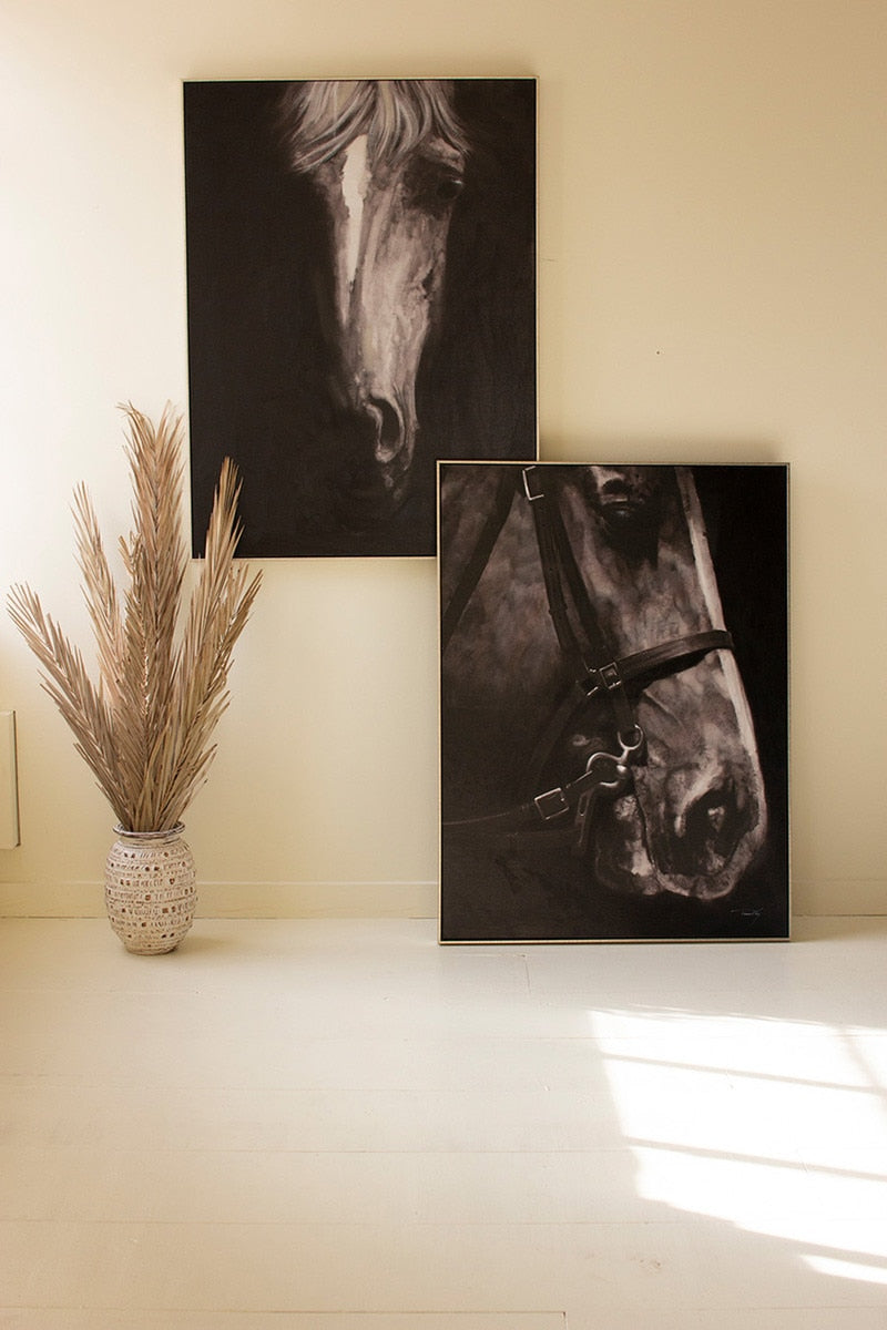 Oil Painting Black and White Horse with Silver Frame - Chapin Furniture