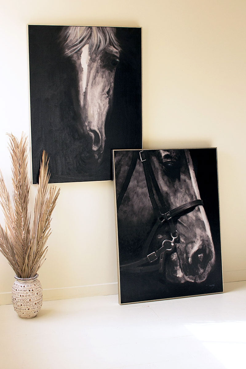 Oil Painting Black and White Horse with Silver Frame - Chapin Furniture