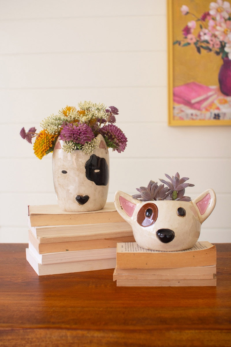 Set of 2 Ceramic Black and White Dog Head Planters - Chapin Furniture