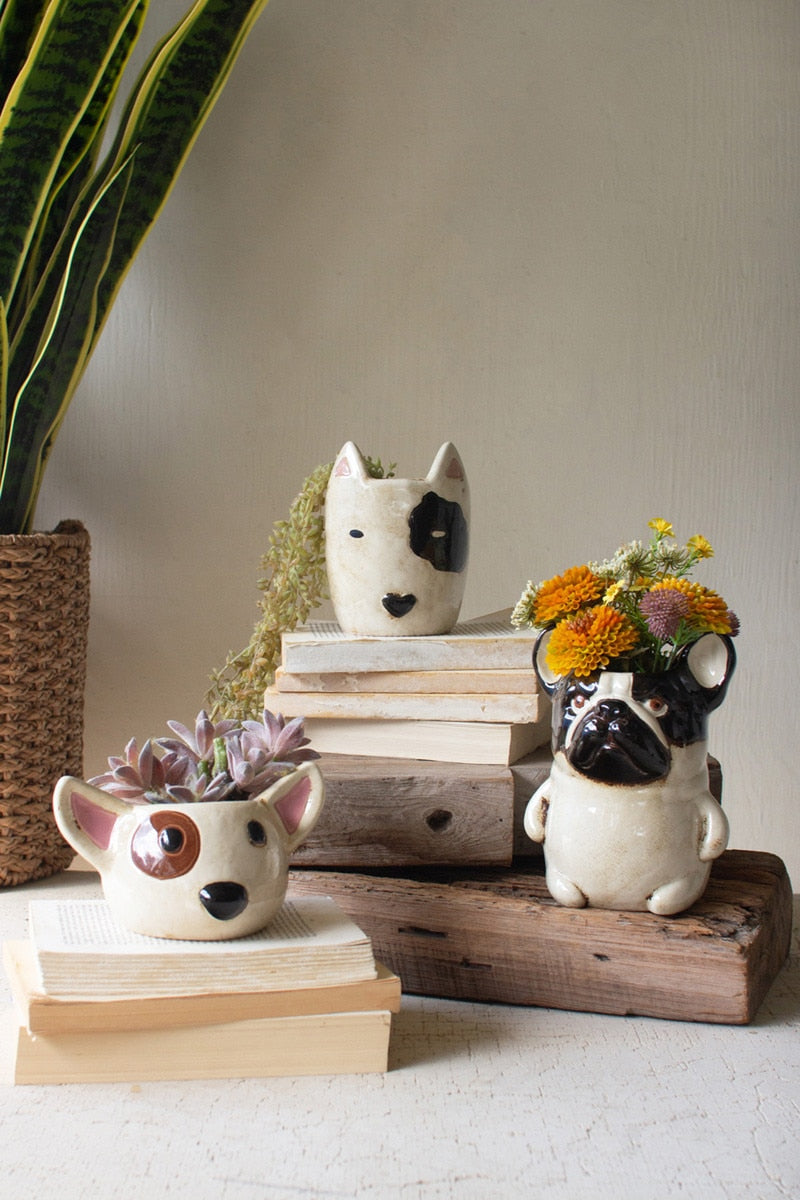 Set of 2 Ceramic Black and White Dog Head Planters - Chapin Furniture