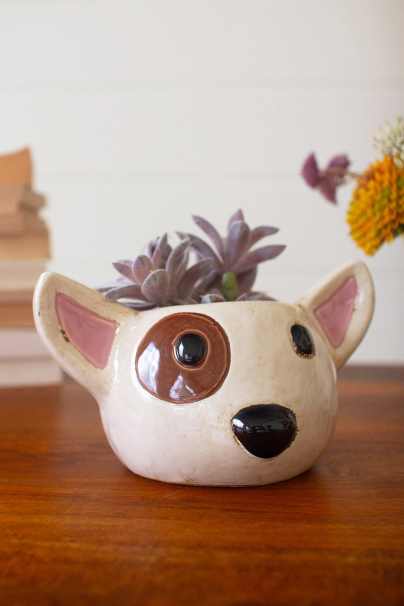 Set of 2 Ceramic Black and White Dog Head Planters - Chapin Furniture