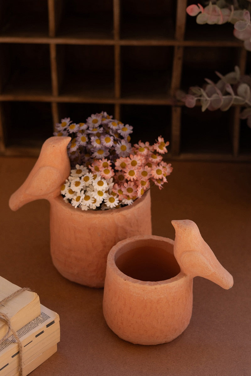 Set of 2 Concrete Bird Planters with Terracotta Finish - Chapin Furniture