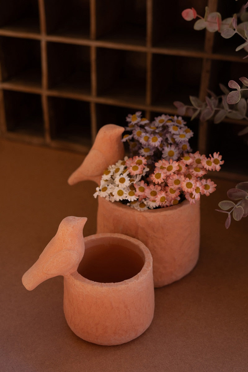 Set of 2 Concrete Bird Planters with Terracotta Finish - Chapin Furniture