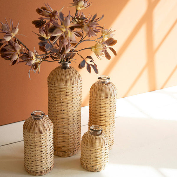 Set of 4 Rattan Wrapped Glass Vases - Chapin Furniture
