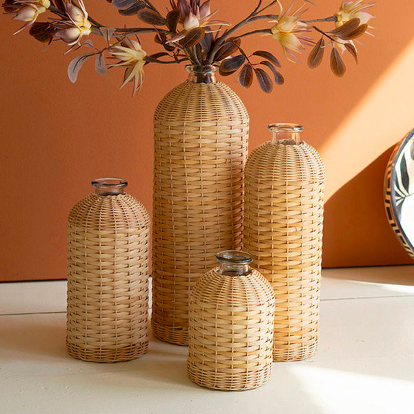 Set of 4 Rattan Wrapped Glass Vases - Chapin Furniture