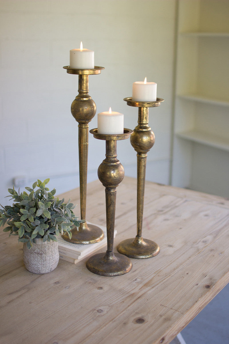 Set Of 3 Antique Brass Finish Metal Taper Candle Holders