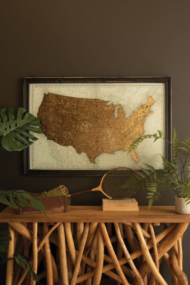 Framed Vintage-Inspired Usa Map Print with Gold Leaf Under Glass - Chapin Furniture
