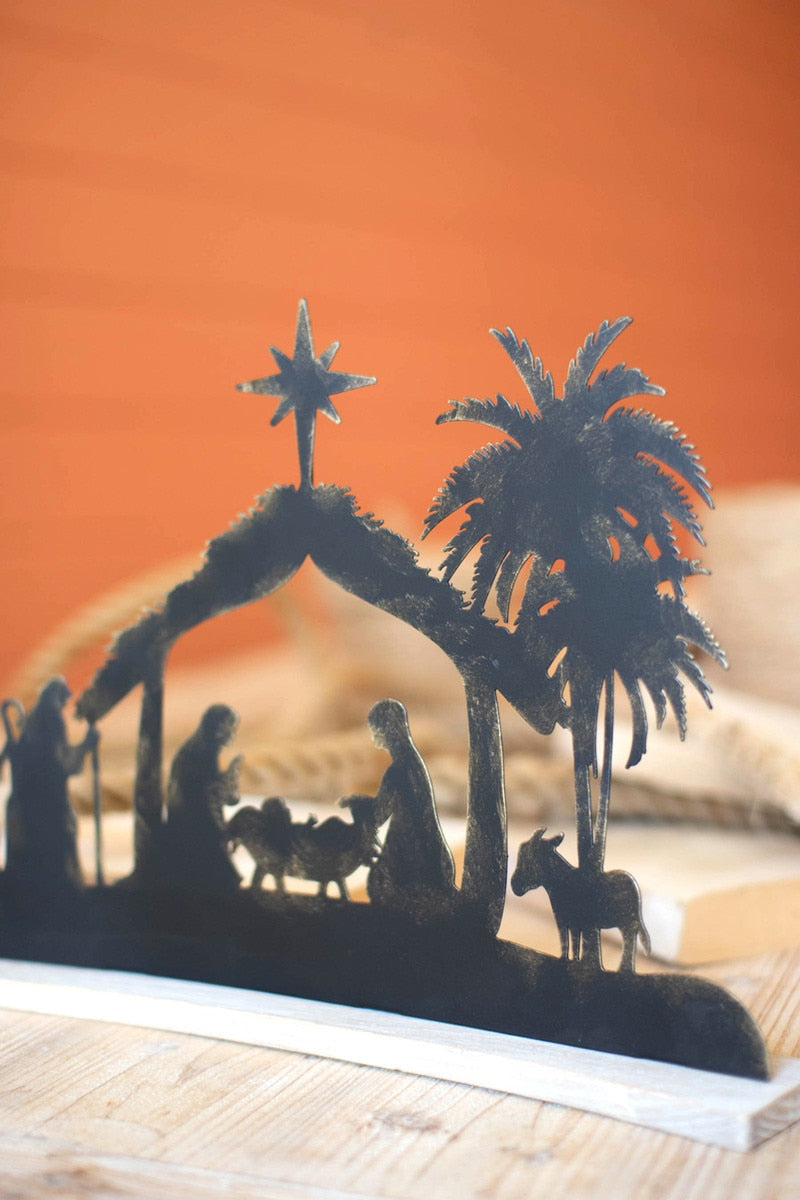 Black Metal Nativity on a Curved White Wood Base - Chapin Furniture