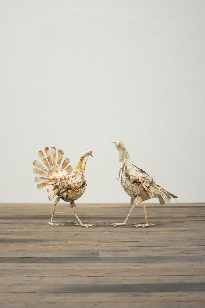 Set of 2 Antique White Metal Turkeys - Chapin Furniture