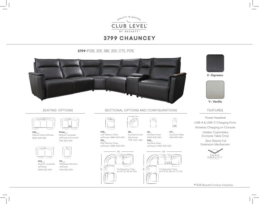 Bassett Club Level Chauncey Power Motion Sectional in Espresso Leather - Chapin Furniture