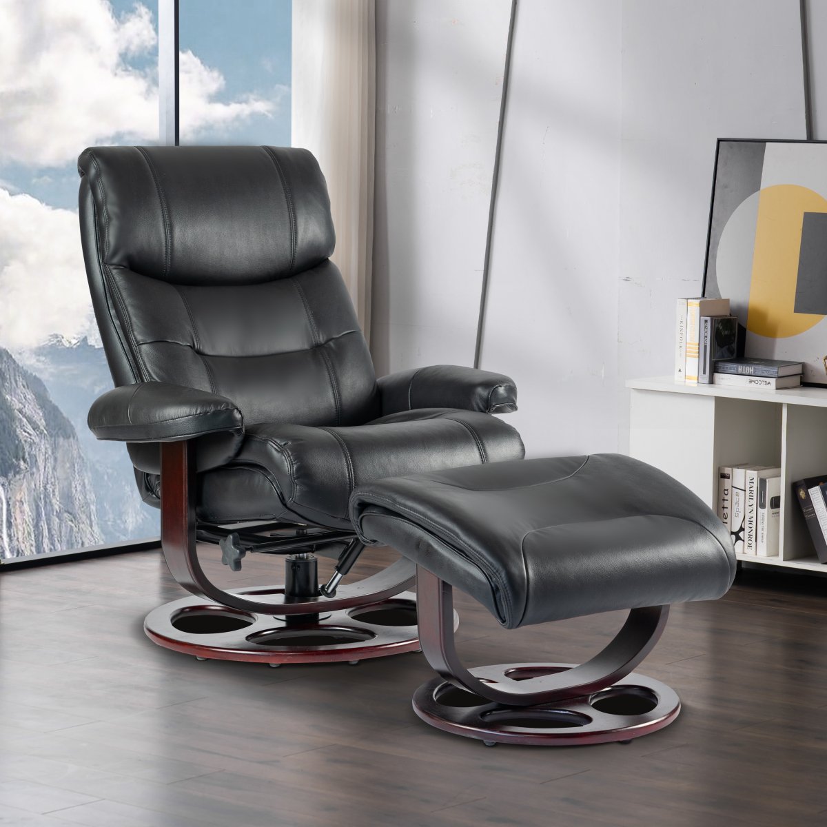 Dawson Swivel Pedestal Recliner and Ottoman- Frampton-Black - Chapin Furniture