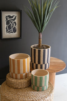 Set of 3 Striped Clay Planters with Trays - Chapin Furniture