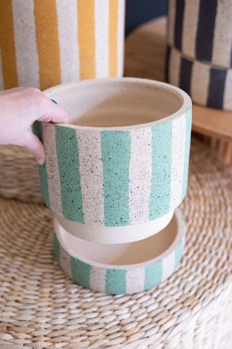 Set of 3 Striped Clay Planters with Trays - Chapin Furniture