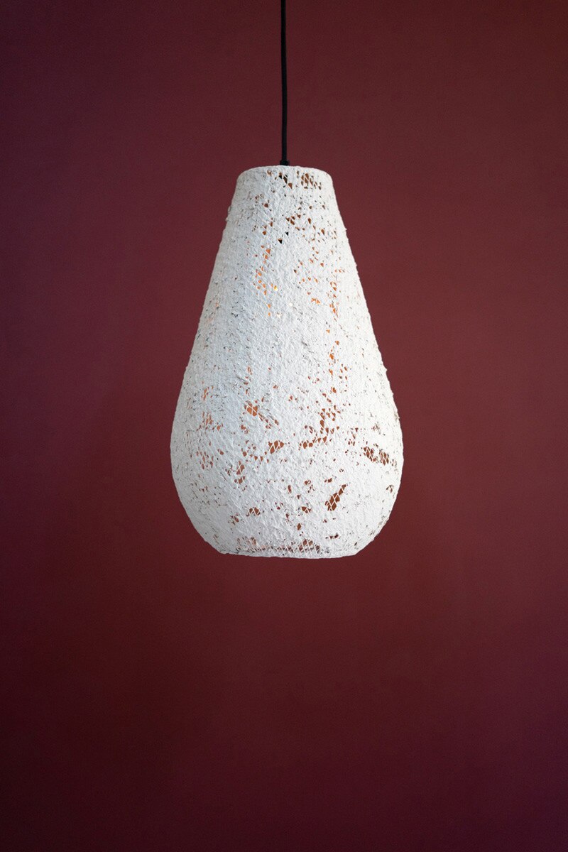 Small White Paper Mache and Metal Hanging Tear Drop Pendant Light - Chapin Furniture