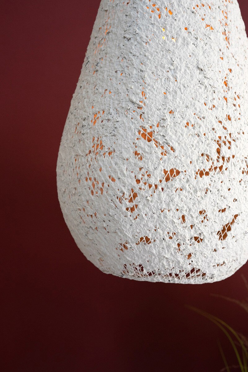 Small White Paper Mache and Metal Hanging Tear Drop Pendant Light - Chapin Furniture