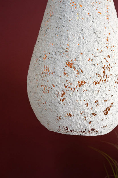 Small White Paper Mache and Metal Hanging Tear Drop Pendant Light - Chapin Furniture