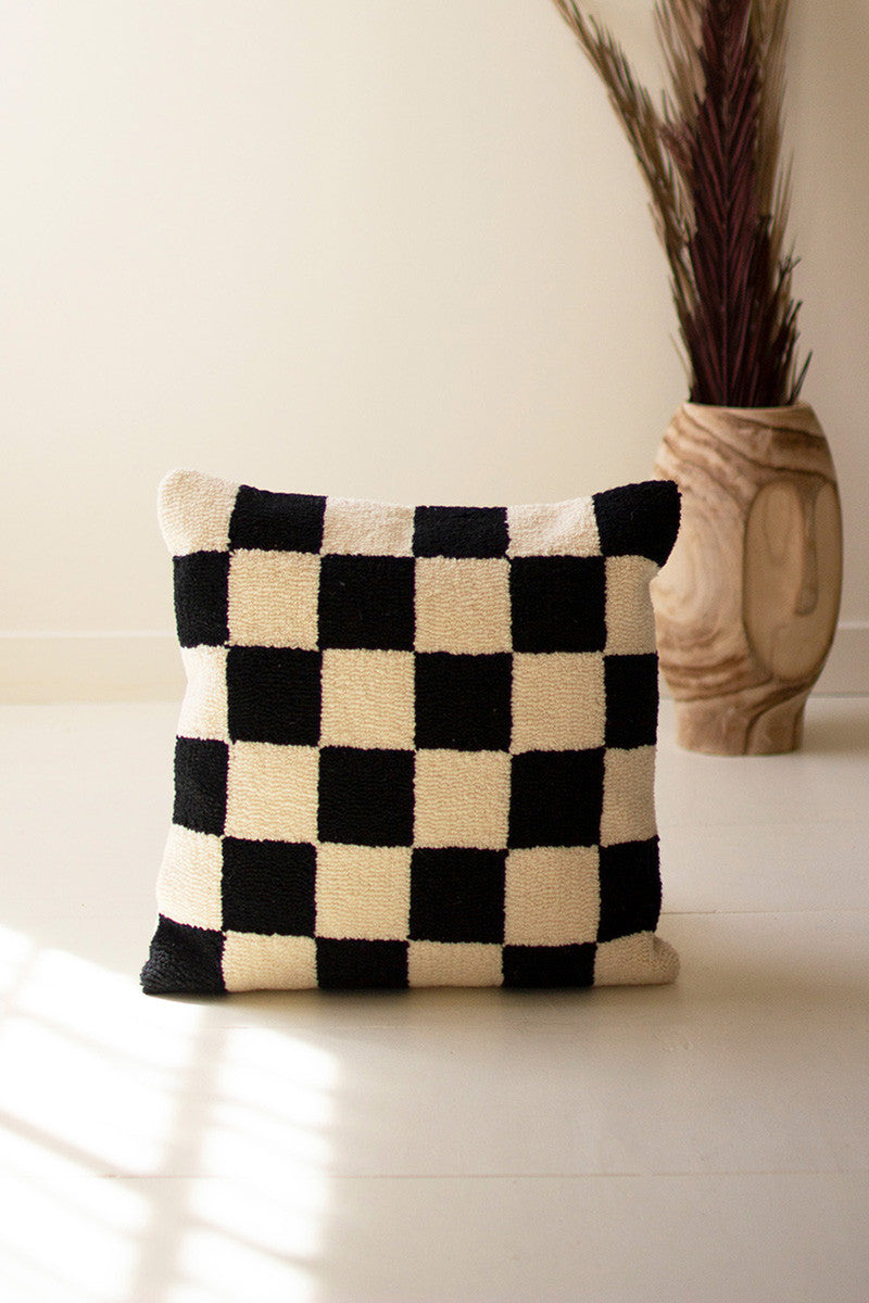 Checkered Black and White Hand-Hooked Pillow - Chapin Furniture