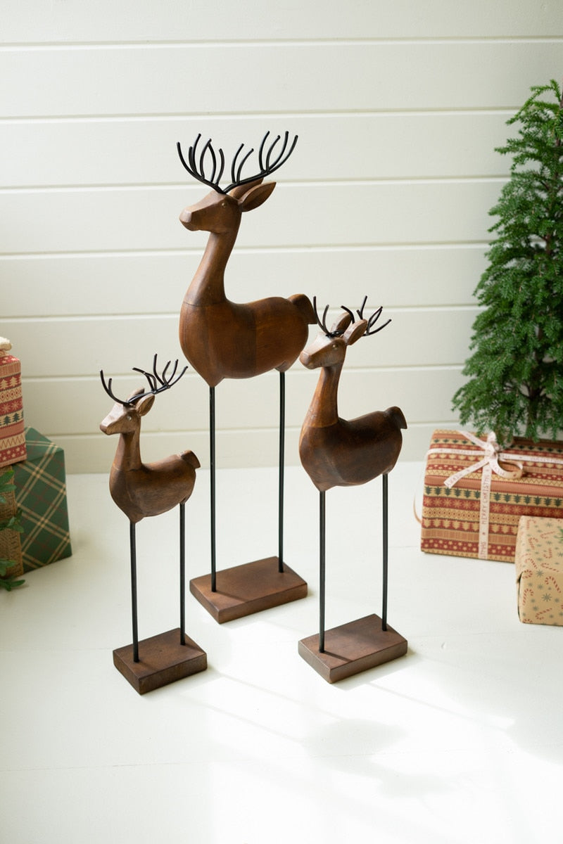Set of 3 Carved Wood and Iron Reindeer on Bases - Chapin Furniture