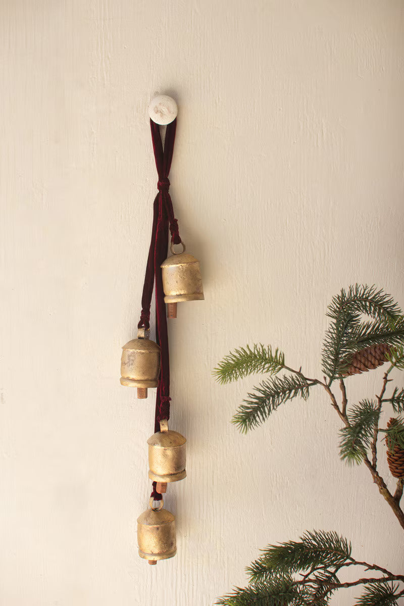 Jingle Bell Cluster with Maroon Velvet Ribbon - Chapin Furniture
